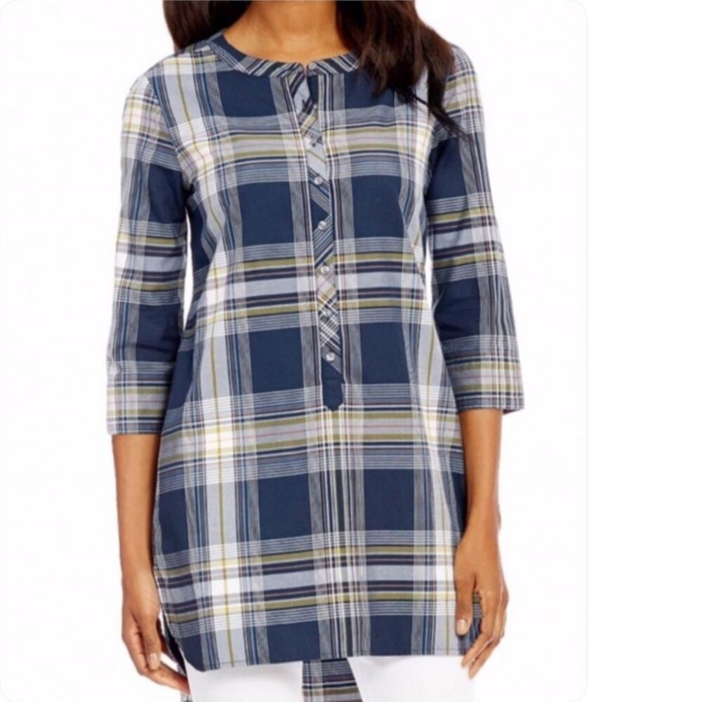 PENDLETON Blue Plaid 3/4 Sleeve Tunic Top Cotton Preppy Spring Lightweight Sz M